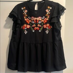 Black Embroidered Ruffle Top